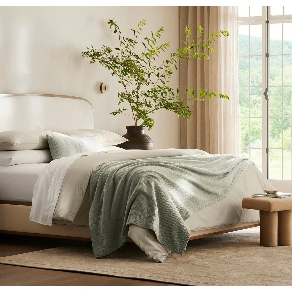 Boll & Branch Dream Bed Blanket Full/Queen Green Sageleaf 100% Organic Cotton